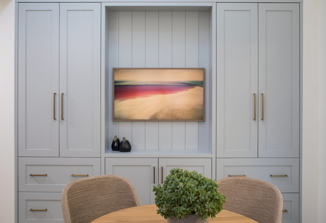 coastal calm style cabinets dining room view 1 | FP333 | Open Shelf Cabinets | Painted